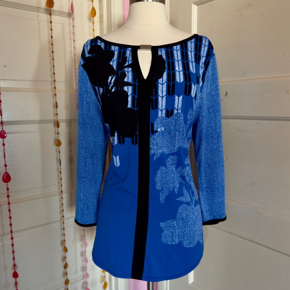 Dana Buchman Blue Black Floral Keyhole Tunic Top Size L Career Casual